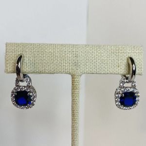 Lab Created Blue Spinel CZ Drop Earrings Silvertone MCM Cushion Cut
